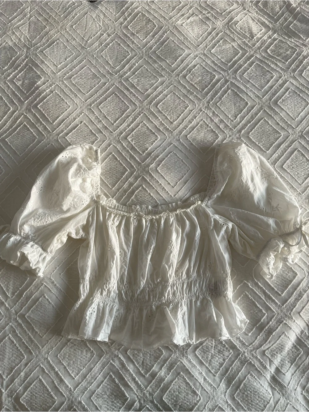 Reformation White Eyelet Puff-Sleeve Peasant Blouse